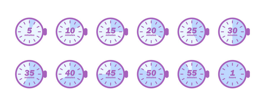 Set d'ic&ocirc;nes de minuteurs et chronom&egrave;tres / Ic&ocirc;nes de minuteurs / 5, 10, 15, 20, 25, 30, 40, 50, 55 minutes et 1 heure / Violet pastel