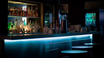 Bar counter with neon lighting blurred background bar . Generative AI