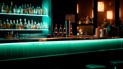Bar counter with neon lighting blurred background bar . Generative AI
