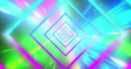Fototapeta premium Image of blue and pink neon shapes moving in seamless loop over light trails