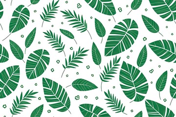 Monstera green leaves or Monstera Deliciosa background. Seamless flat painting. Beautiful tribal generative ai art background., palm, rubber plant, pine, bird’s nest fern