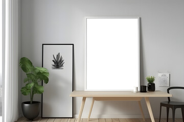 Rectangular vertical frame poster mockup, scandinavian style interior with home decoration on empty neutral white wall background. 3D render illustration. A4, A3 format. AI generated.