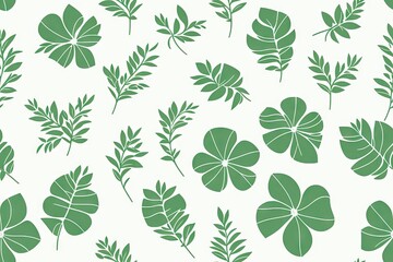 Obraz premium Ficus leaves pattern, flowers background. Seamless flat painting. Beautiful tribal generative ai art background