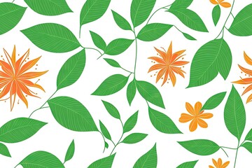 Fototapeta na wymiar Ficus leaves pattern, flowers background. Seamless flat painting. Beautiful tribal generative ai art background