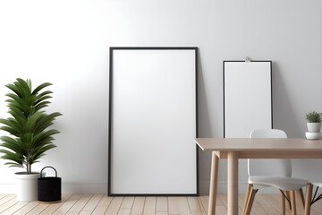 Rectangular vertical frame poster mockup, scandinavian style interior with home decoration on the floor empty neutral white wall background. 3D render illustration. AI generated.