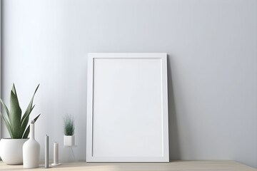 Rectangular vertical frame poster mockup, scandinavian style interior with home decoration on empty neutral white wall background. 3D render illustration. A4, A3 format. AI generated.