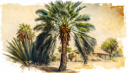 palm trees in the desert, realistic Retro Art, Painting of Palm tree, Palm Tree Clipart