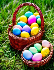 Deux paniers en osier remplis de Jolis oeufs de P&acirc;ques en chocolat, peints, color&eacute;s, pos&eacute;s sur de l'herbe par une journ&eacute;e ensoleill&eacute;e. G&eacute;n&eacute;r&eacute; par IA 