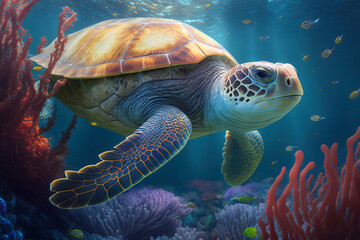 Fototapeta premium Sea turtle on coral reef in the ocean, illustration generative AI