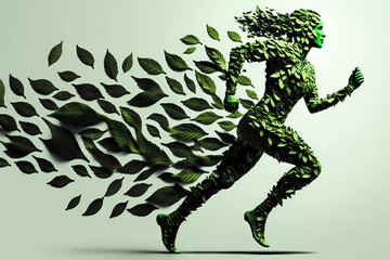 Sustainability and environmental Concept, nature, ecological activism and green economy on the rise, silhouette of woman running made of green leaves leaving a trail of leaves behind, generative AI