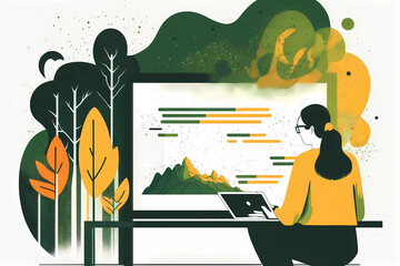 Business, Management and Marketing Concept, Working Woman watching charts on laptop in the nature, Business woman, vector illustration flat design, ecology, generative AI