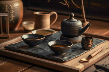 Still-life of japanese healthy green tea in a small cups and teapot over dark background, generative ai