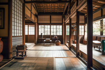 Japandi , japanese traditional art and culture, Interior design of neutral living room with stylish retro, generative ai