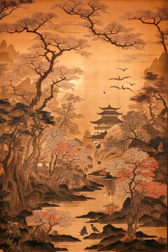 Japandi , japanese traditional art and culture, antique paints background, generative ai