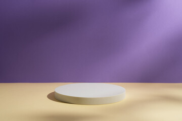 Empty white round podium and shadows on light purple and yellow background. Showcase for product...