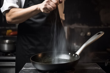 Chef preparing food in a frying pan in a restaurant kitchen. A man cooks cooking in a kitchen fire. Generative AI