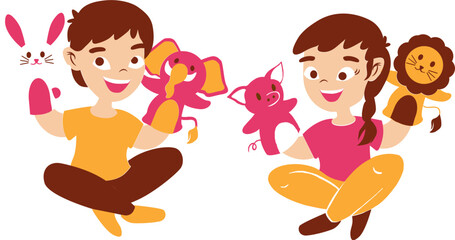Kids playing hand puppets illustration