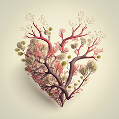 Blooming tree branch in shape of heart. Spring concept. AI