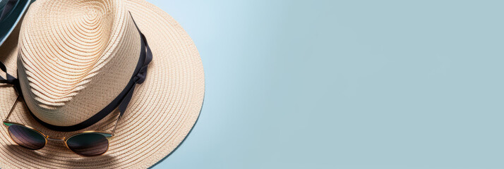 vacation straw hat and sunglasses with negative space