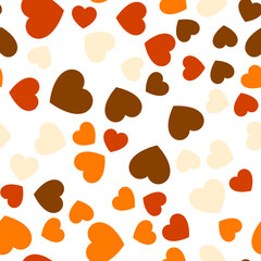 Fototapeta na wymiar Colorful seamless pattern of red, orange, light and dark brown hearts. Suitable for printing on textile, fabric, wallpapers, postcards, wrappers