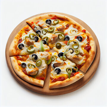 Chicken Pizza With Olives, Jalapeno Peppers And Ranch Sauce On A Flat Wooden Plate White Background