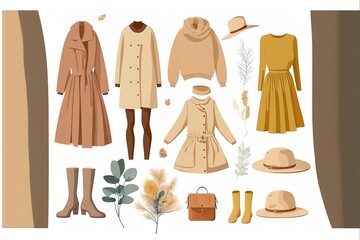 Fashion clothes garments and accessories set . Creative illustration. (Ai Generate)