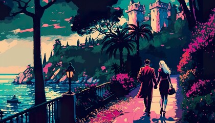 Lovers walk along the embankment . Creative illustration. (Ai Generate)