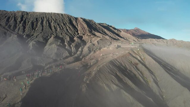 Foggy morning aerial view of Mount Bromo, east java, indonesian
