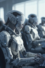Fototapeta premium Schools of the future. Cyborg teachers and students. Generative ai.