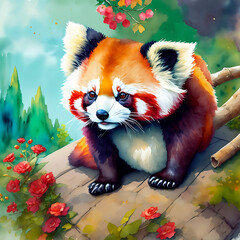 Title: Watercolor painting of a Red Panda generative ai

