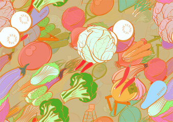Background pattern abstract design texture. Seamless. Tennis and Health food. Theme is about hot peppers, whole onion, pinch, pimples, garlic head, tennis racket case, inventory, nutritious - obrazy, fototapety, plakaty