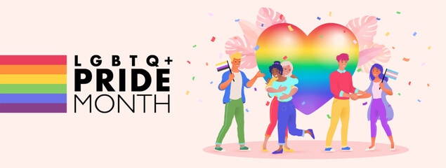 Obraz premium LGBTQ plus PRIDE month banner with diverse people supporting LGBT rights and movements. Vector illustration template for festival parades, parties, and social events.