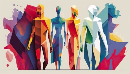 Geometric illustration of multi coloured human figures . Creative illustration. (Ai Generate)