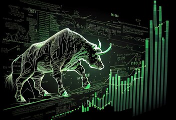 Green digital chart, trading. Bull market, up trend. Generative AI.