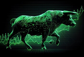 Green digital chart, trading. Bull market, up trend. Generative AI.