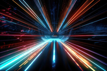 Fototapeta na wymiar Hyperspace Jump: Neon Rays and High-Speed Motion. Generative Ai