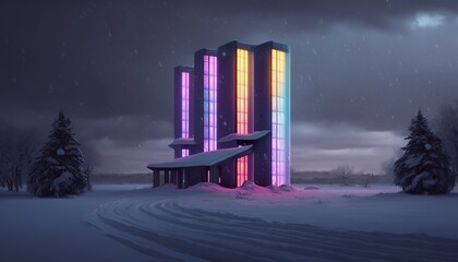 Concrete futuristic building tower in the winter field . Creative illustration. (Ai Generate)