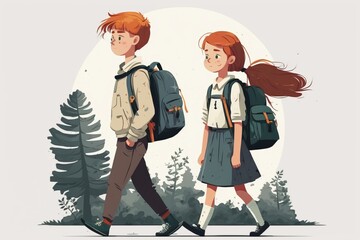 Illustration of a boy and girl returning from school with a white background