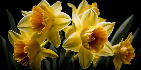 Generative AI Creates Beautiful Yellow Daffodils, Spring Flowers, Perfect for Daffodil Month and Cancer Awareness Month - A Symbol of Hope and Strength on Black Background.