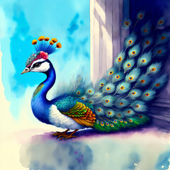 Fototapeta premium Watercolor painting of a Peacock generative ai
