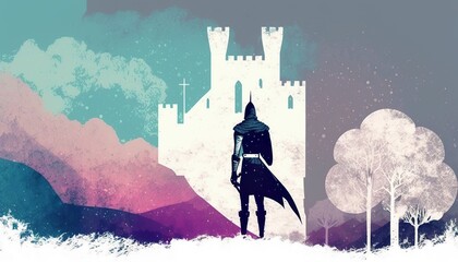 Knight looking to the white castle . Creative illustration. (Ai Generate)