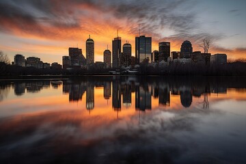 city skyline by sunset