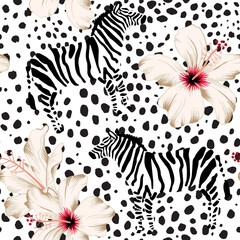 Tropical zebra animal, white hibiscus flowers, cheetah animal print background. Vector seamless pattern illustration. Summer beach floral design. Exotic jungle plants. Paradise nature