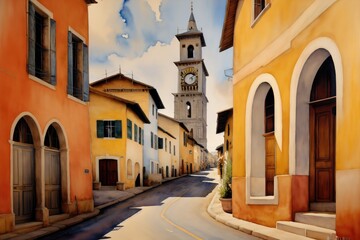 Painting of a summer street with a clock tower on background. Blue sky, generative ai