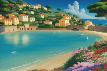 Fototapeta na wymiar Cartoon painting of an old village near the ocean, generative ai
