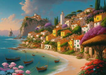 Cartoon painting of an old village near the ocean, generative ai