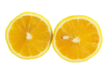  Textured ripe slice of lemon citrus fruit isolated on white background.