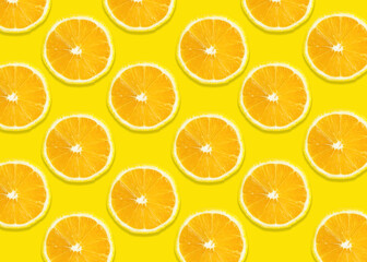 Obraz premium Bright summer background. Lemon slices on yellow. Fruits seamless pattern. texture design for wallpaper