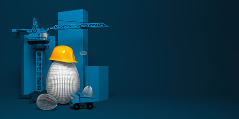 A creative Easter design template on construction, building or engineering theme. 3D render illustration.