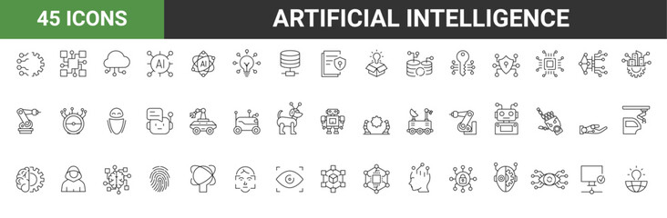 Artificial intelligence. Machine learning. 45 line icons set. Vector illustration. Editable stroke.